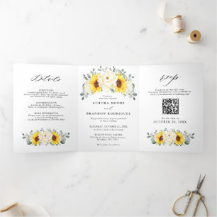 Anúncio Com Dobra Tripla Sunflower Ivory Peony Floral Código QR Casamento