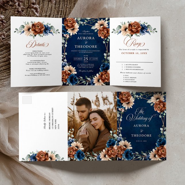 Anúncio Com Dobra Tripla Terracota Azul Marinho Verde Geométrico Casamento  (Terracotta Navy Blue Greenery Geometric Wedding Tri-Fold Announcement / All in one invitation)