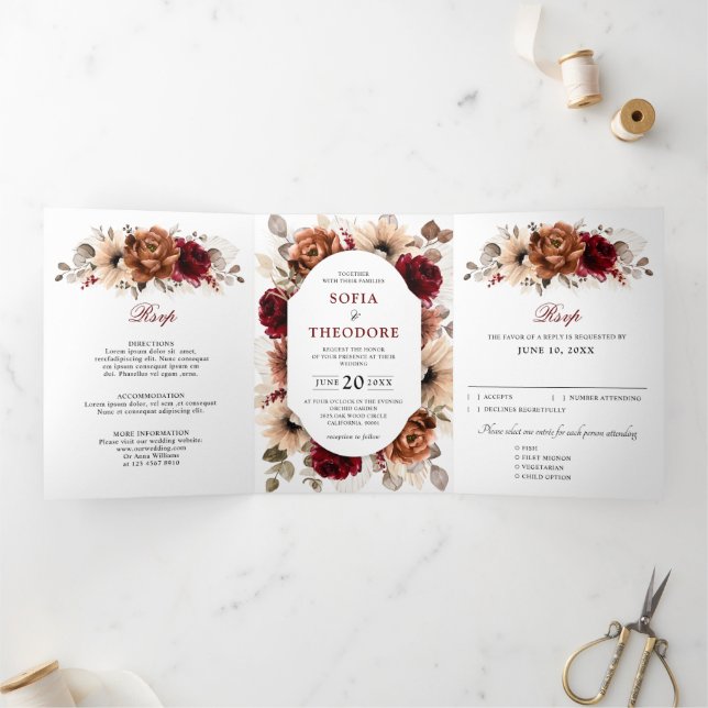 Anúncio Com Dobra Tripla Terracota Burgundy Mauve Floral Geométrico Casamen (Dentro)