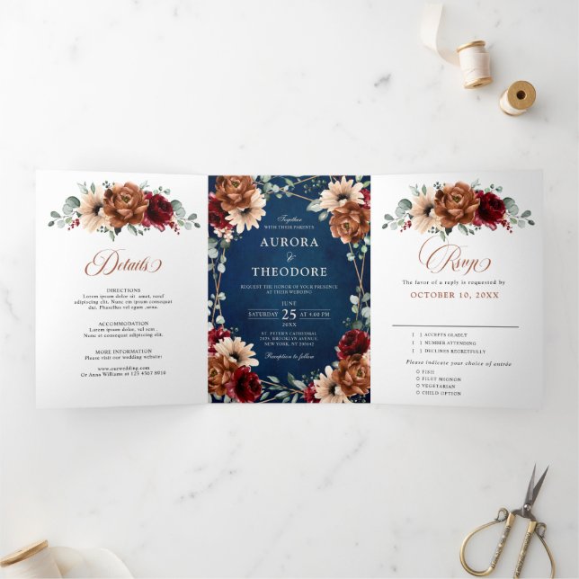 Anúncio Com Dobra Tripla Terracotta Marinho Blue Burgundy Casamento Geométr (Dentro)