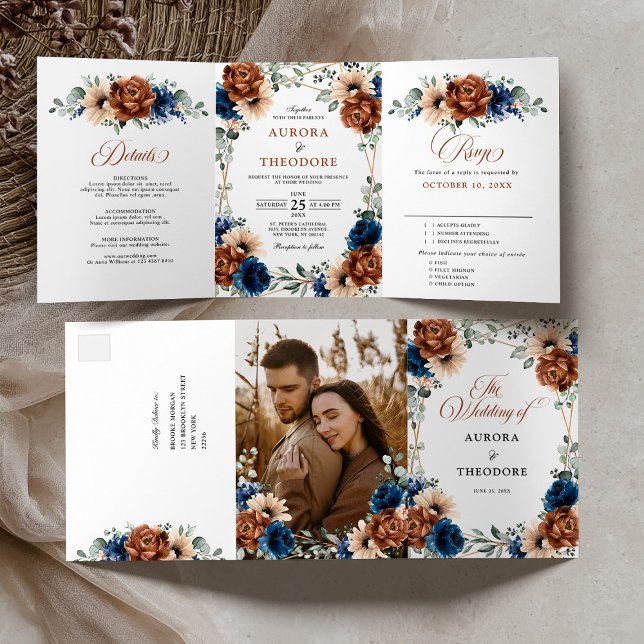 Anúncio Com Dobra Tripla Terracotta Marinho Blue Greenery Casamento Geométr (Terracotta Navy Blue Greenery Geometric Wedding Tri-Fold Announcement / all in one invitation)