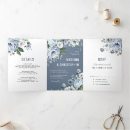 Anúncio Com Dobra Tripla Tons de Cinza Poeira Azul Inverno Casamento Rústic