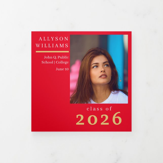 Anúncio Com Dobra Tripla Turma de Formatura Foto 8 Elegante Vermelha Classe (Cobrir)