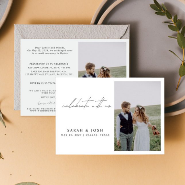 Anúncio Comemoração de 2 fotos com a nossa Recepção de cas (Personalize this wedding reception invite with your photos & personal deets - simple, easy, done!)