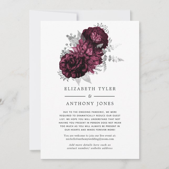 Anúncio Convidados para Casamento Burgundy e Silver Floral (Frente)