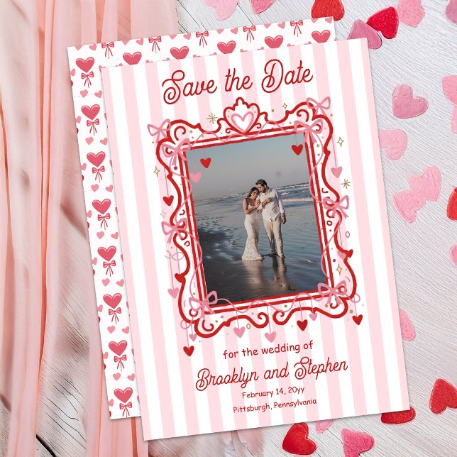 Anúncio Coquette Hearts & Bows Wedding Save the Date (Coquette Hearts and Bows Photo Wedding Save the Date Announcement - Print | Digital Download)