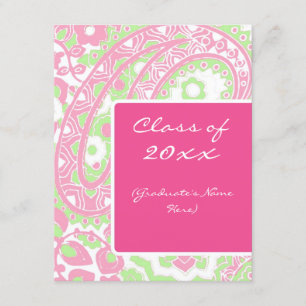 Anúncio cor-de-rosa e verde da graduação de