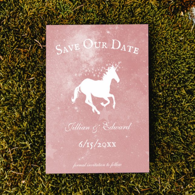 Anúncio Cor-De-Rosa, Guardar A Data (Pink Unicorn Save the Date Wedding Announcement)