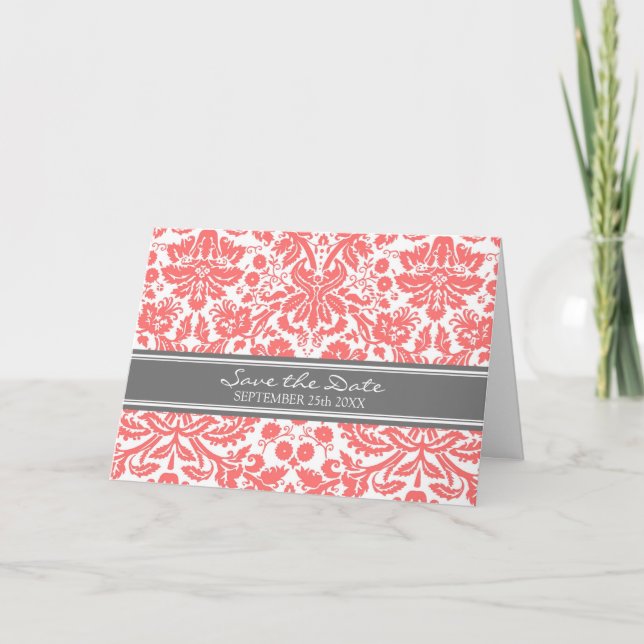 Anúncio Coral Grey Damask Save the Date Announcement (Frente)