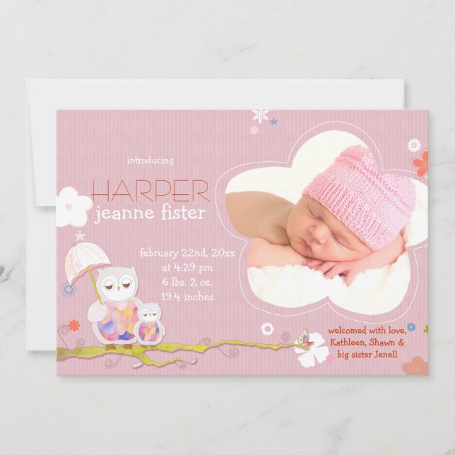 Anúncio Corujas Bonitas Rosa Menininha Foto Nascimento (Frente)