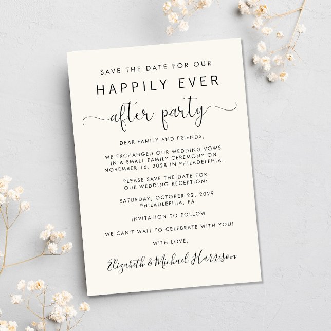 Anúncio Creme de Fotografia de recepção de casamento Salva (A stylish save the date announcement for a reception to celebrate your elopement or private wedding)