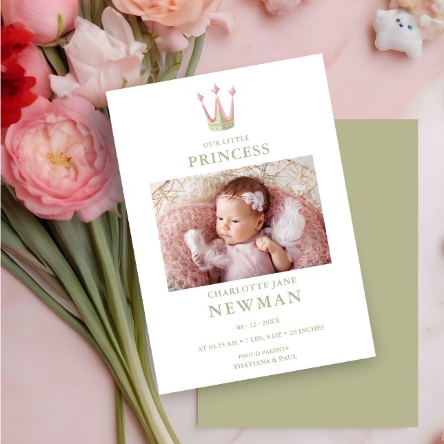 Anúncio Cute Green Pink Princess Crown Photo Baby Newborn (Cute Green & Pink Princess Crown Photo Baby Newborn Announcement Card with Envelope. )