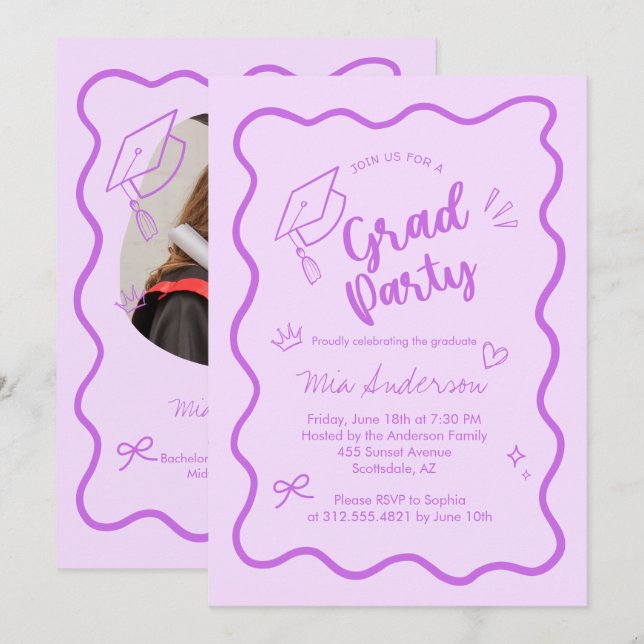 Anúncio Cute Trendy Pink Wavy Border Graduation Invitation (Frente/Verso)