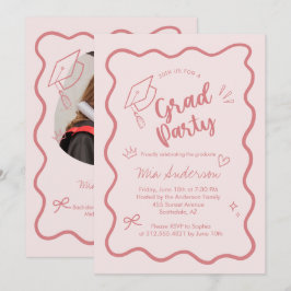Anúncio Cute Trendy Pink Wavy Border Graduation Invitation
