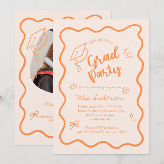Anúncio Cute Trendy Pink Wavy Border Graduation Invitation