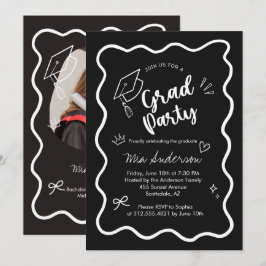 Anúncio Cute Trendy Pink Wavy Border Graduation Invitation