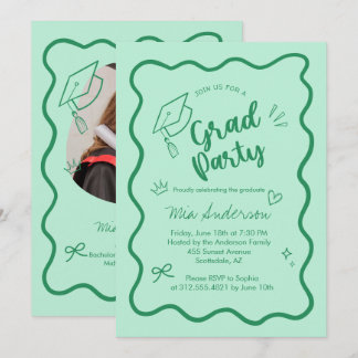Anúncio Cute Trendy Pink Wavy Border Graduation Invitation