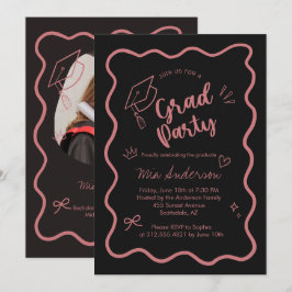 Anúncio Cute Trendy Pink Wavy Border Graduation Invitation