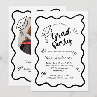 Anúncio Cute Trendy Pink Wavy Border Graduation Invitation