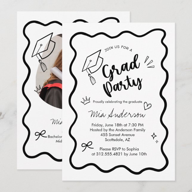 Anúncio Cute Trendy Pink Wavy Border Graduation Invitation (Frente/Verso)