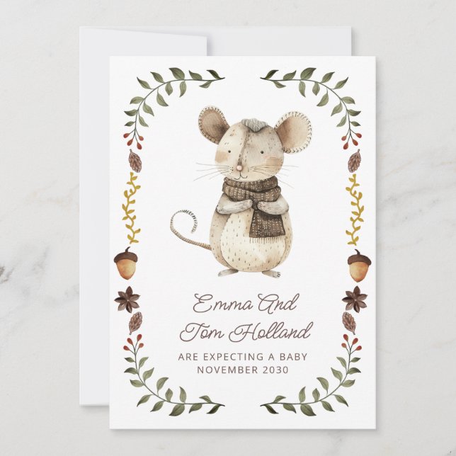 Anúncio Cute Watercolor Mouse Pregnancy Announcement (Frente)