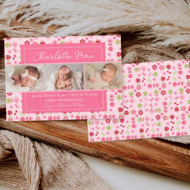 Anúncio da Garden Pink Baby Girl (birth announcement, baby announcement, birth announcement template, custom girl birth announcement)