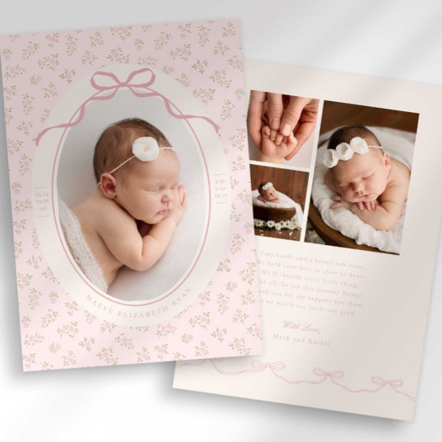 Anúncio Dainty Floral Coquette Photo Birth Announcement (Criador carregado)