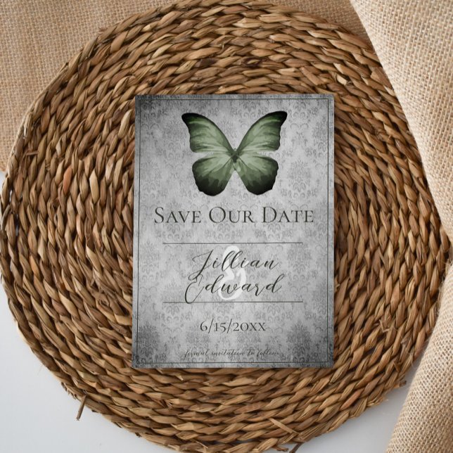 Anúncio Damasco da Borboleta Verde Salvar a Data (Green Vintage Butterfly Damask Save the Date)
