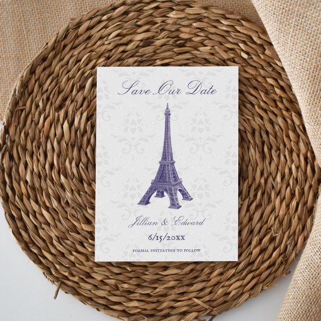 Anúncio Dano Da Torre Eiffel Roxo Salve A Data (Purple Eiffel Tower Damask Save the Date)