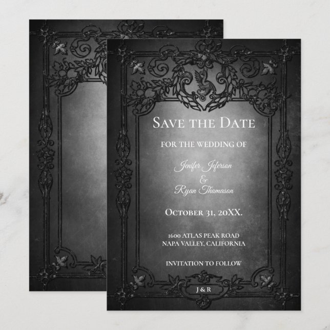 Anúncio Dark Gothic Halloween wedding save the date (Frente/Verso)
