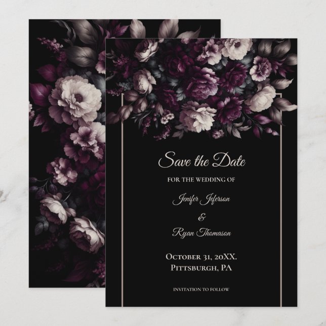 Anúncio Dark moody flowers wedding save the date (Frente/Verso)