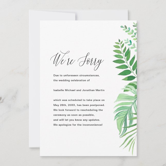 Anúncio de Adiamento de Casamento com Folhas Simpl (Frente)