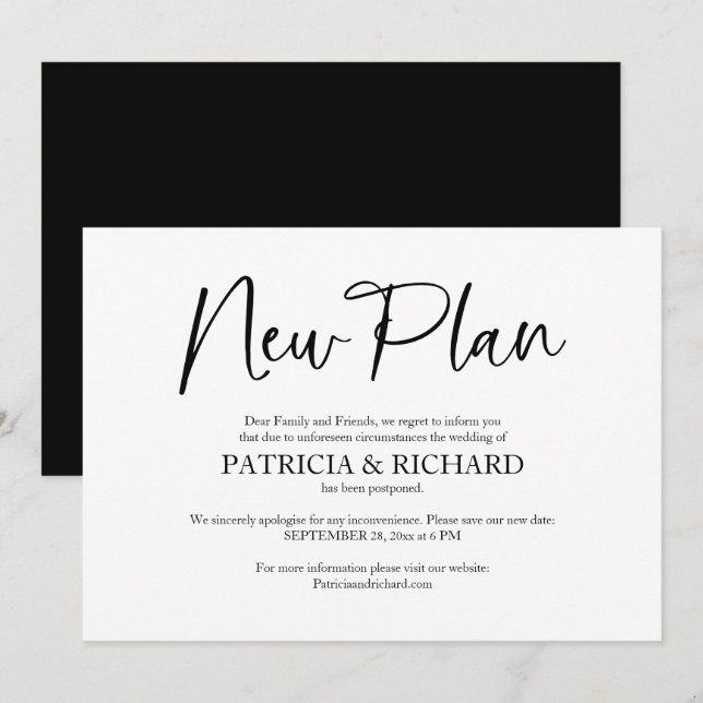 Anúncio de Adiamento de Casamento com Novo Plano (Frente/Verso)