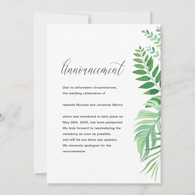 Anúncio de adiamento de casamento de folhas simple (Frente)