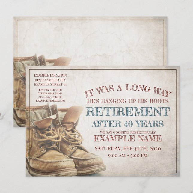Anúncio de aposentação com botas antigas (Frente/Verso)