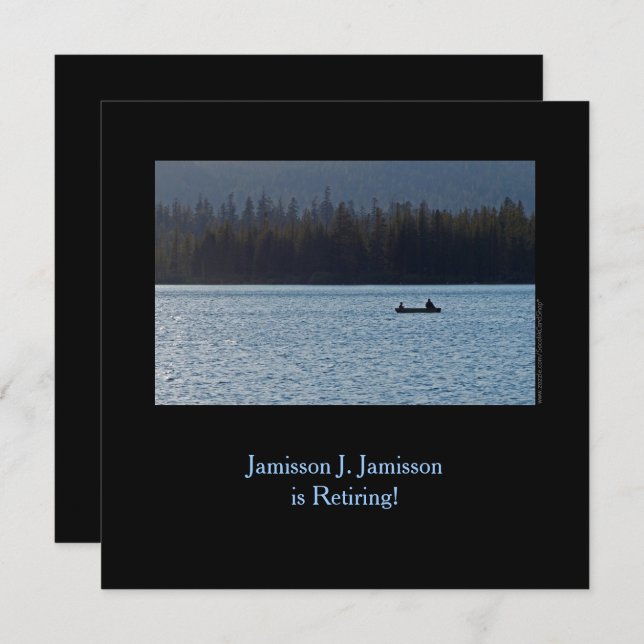 Anúncio de aposentadoria, pescador e filho no lago (Frente/Verso)
