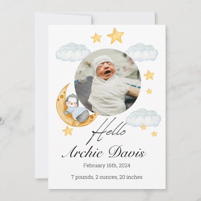 Anúncio de bebê bonito com um pinguim bebê (Frente)