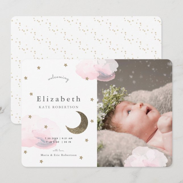 Anúncio de Bebê de Estrelas e Nuvens Rosa (Frente/Verso)