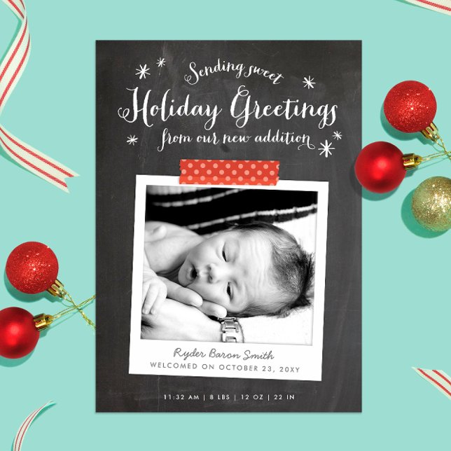 Anúncio de bebê de Natal em quadro chalkboard (Chalkboard and whimsical lettering with Washi tape detail instant photo Christmas baby announcement)