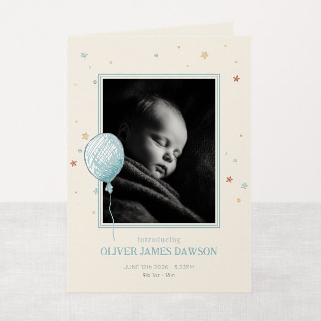 Anúncio de Bebê Dobrado 5x7 Balloon Daydream (Balloon Daydream - 5x7" Folded New Baby Photo Announcement)
