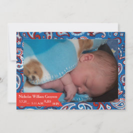 Anúncio de Bebê em Paisley Vermelho e Azul