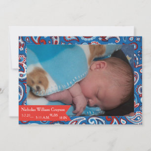 Anúncio de Bebê em Paisley Vermelho e Azul