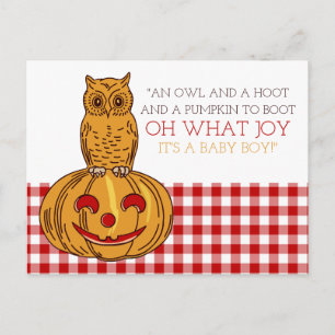Anúncio de Bebê Menino Pumpkin Owl & Gingham