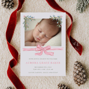 Anúncio de Bebê Natal Verde com Laço Rosa