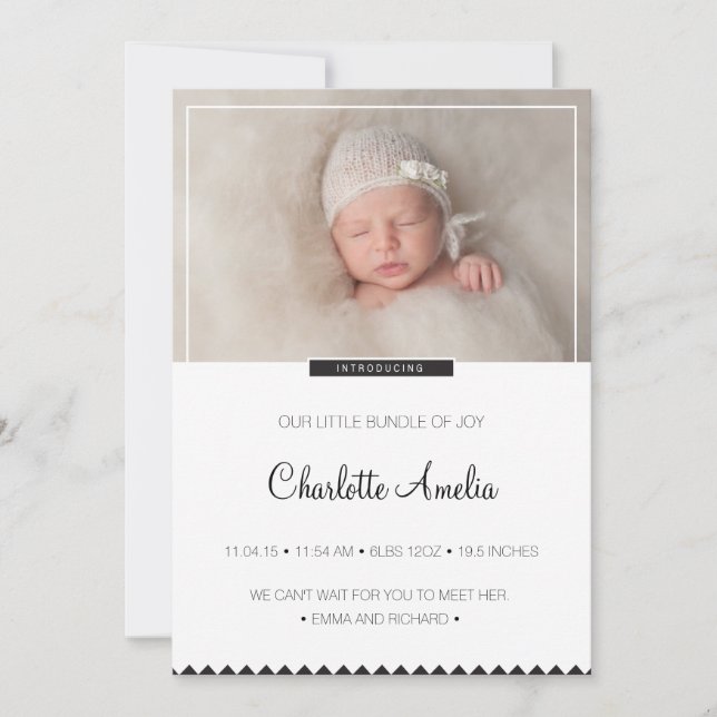 Anúncio de bebê preto e branco para Menino ou Meni (Frente)