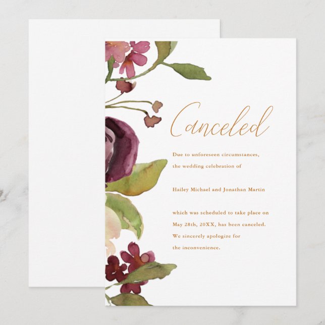 Anúncio de Cancelamento de Casamento Botânico (Frente/Verso)