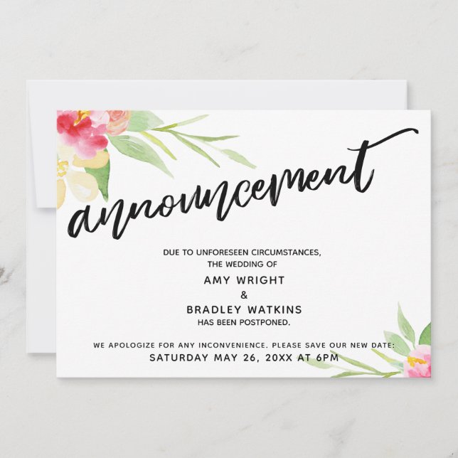 Anúncio de casamento adiado com flores manuscritas (Frente)