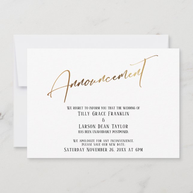 Anúncio de Casamento Adiado com Letra Dourada (Frente)