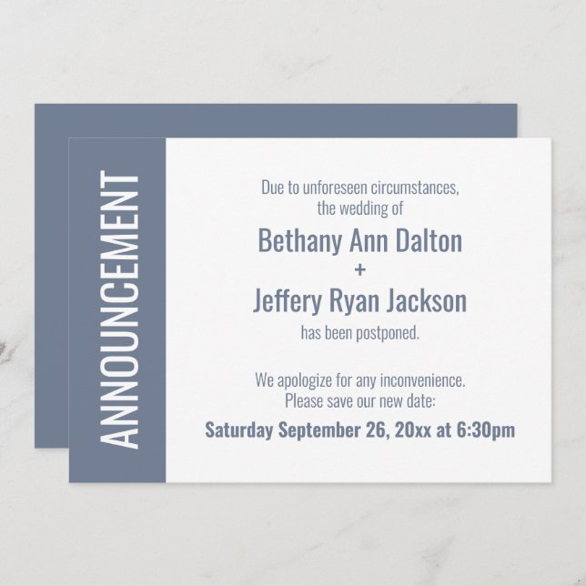 Anúncio de casamento adiado de Bold Dusty Blue (Frente/Verso)