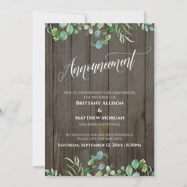 Anúncio de casamento adiado para Wood & Eucalyptus (Frente)